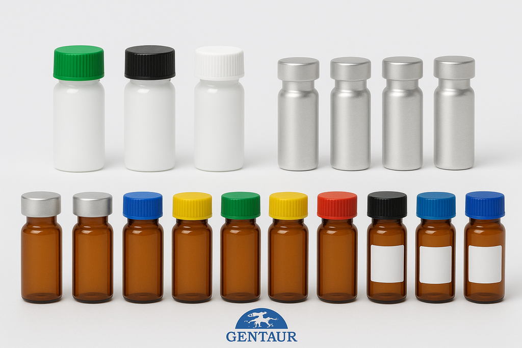 24 Weißglasröhrchen 5 ml im Ablagekasten aus Polypropylen mit Alu-Schraubverschluß - 9005-A0-PP